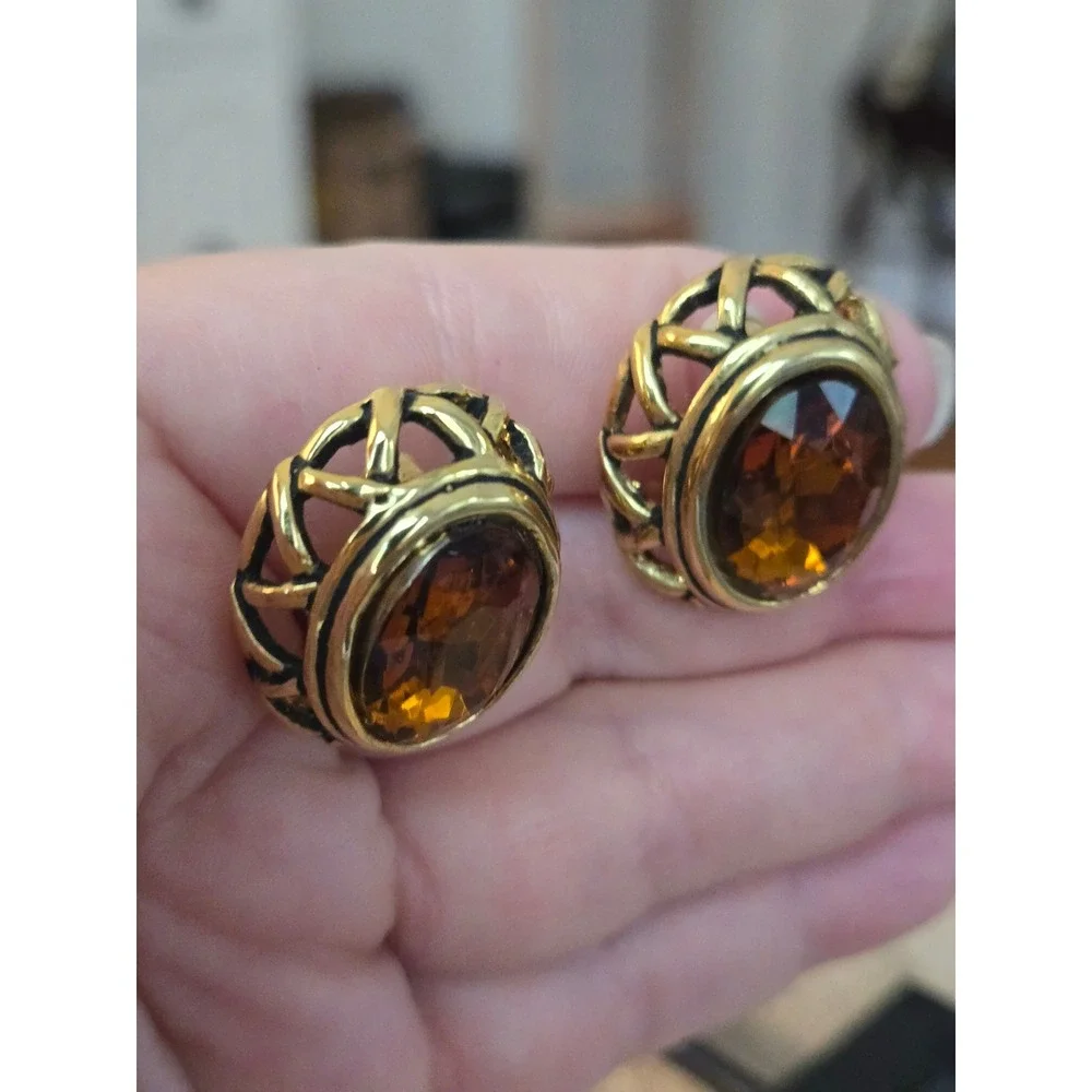 Amber Color Glass Goldtone Earrings Chunky Clip Vintage Fall Colors Autumn
